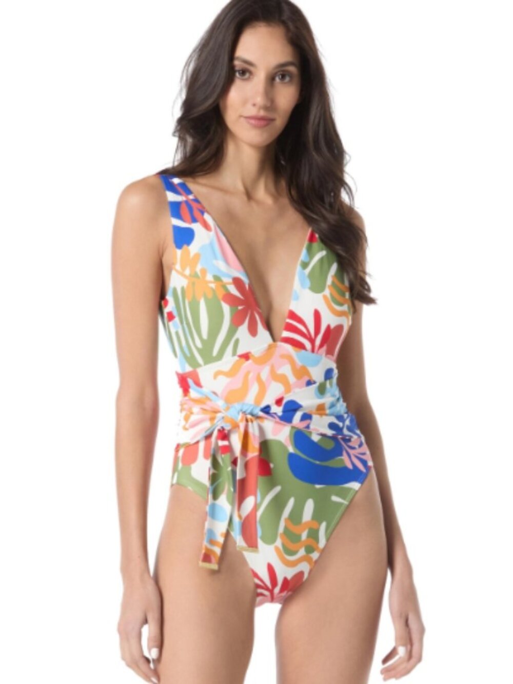 Vince Camuto Women Printed Belted Plunge One-Piece Swimsuit Multi Size 6 11899